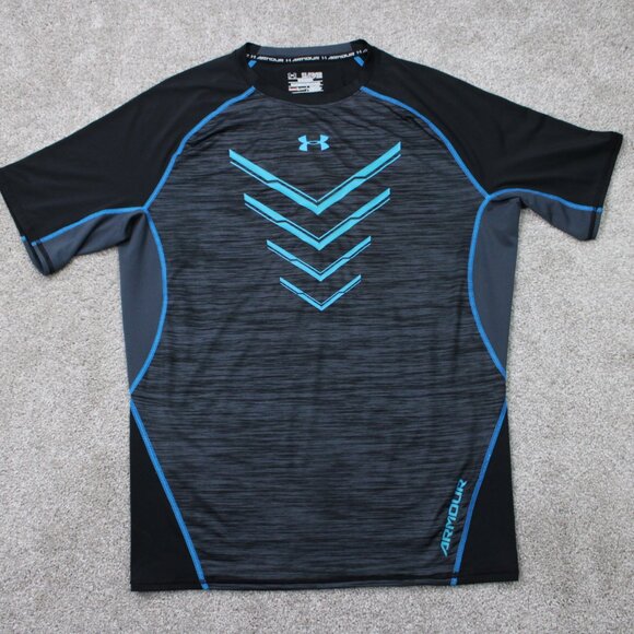 Under Armour Shirt Mens 2XL XXL Black/Blue Twist Flight Heatgear Compression S/S - Picture 1 of 12